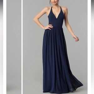 Chiffon Overlay Deep V-Neck Formal Dress with Lace Racerback w Lined Cups